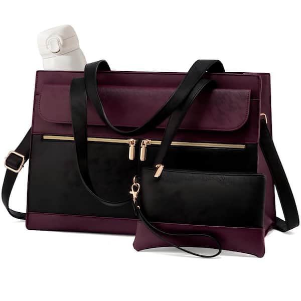 Vintage Purple Cross Pattern PU Leather, Waterproof, Multi-Pocket, Laptop Tote Bag with 15 in. Laptop Compartment