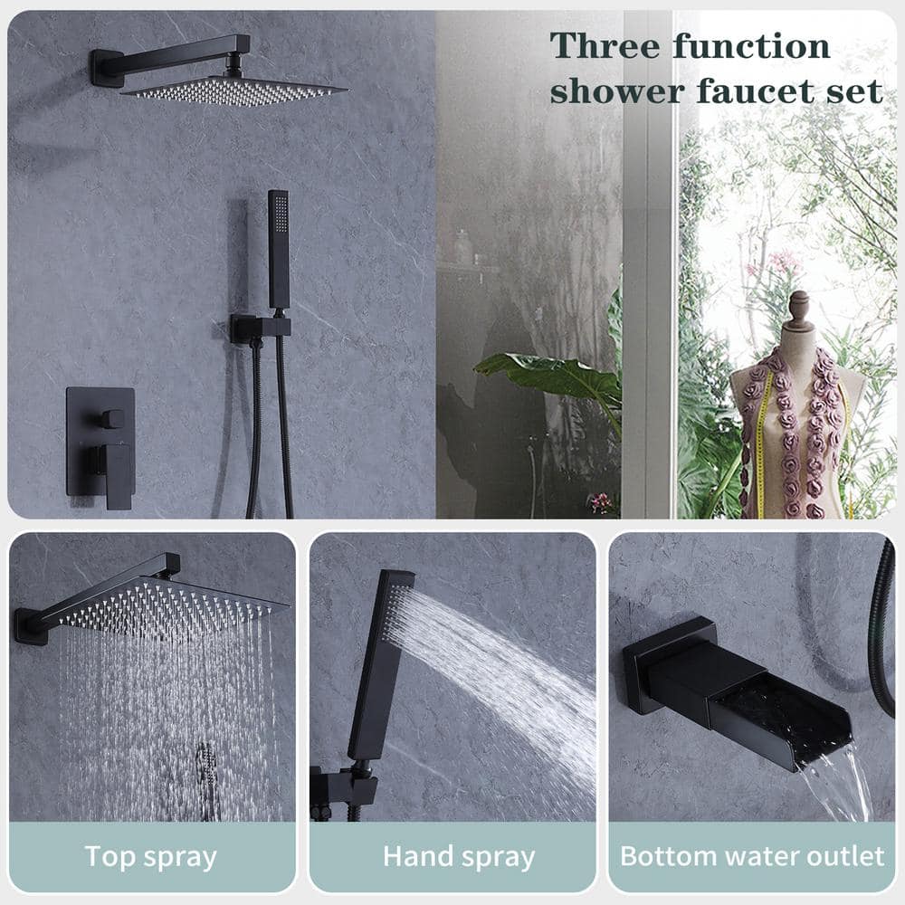 Matte Black Stainless Steel Square Rain Shower Faucet Set