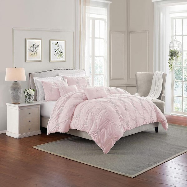 Swift Home 2-Piece Pink Microfiber Twin/Twin XL Floral Pintuck Comforter Set