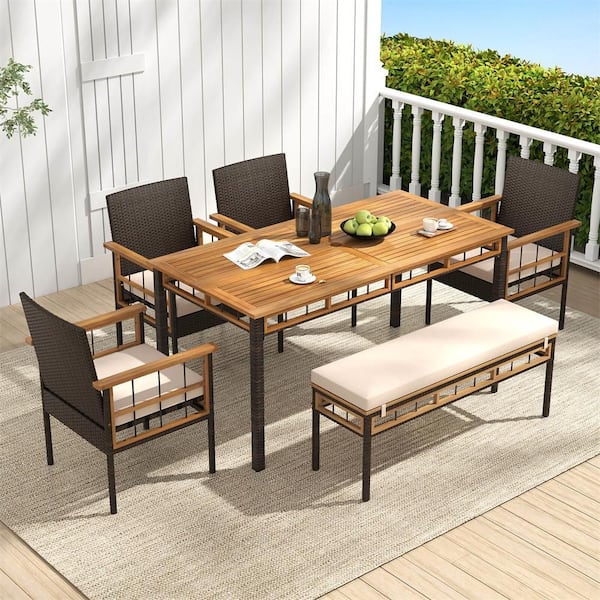 6-Piece Acacia Wood Outdoor Dining Table Set Backless Bench 4 Armchairs with 1.97" Umbrella Hole White Cushion