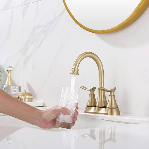 Staykiwi 4 in. Centerset Double Handle Mid Arc Bathroom Faucet with Drain Kit Included in Brushed Gold