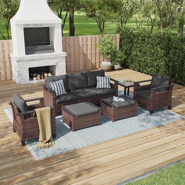 6 Pieces All-Weather PE Brown Wicker Patio Conversation Set with Side Table with Black Cushion