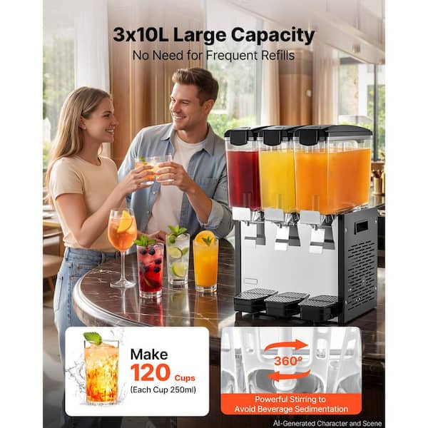 Commercial Silver Beverage Dispenser w/ 3-Tanks, 10 L Per Tank, Stainless Steel Beverage Serveware, Adjustable Temp