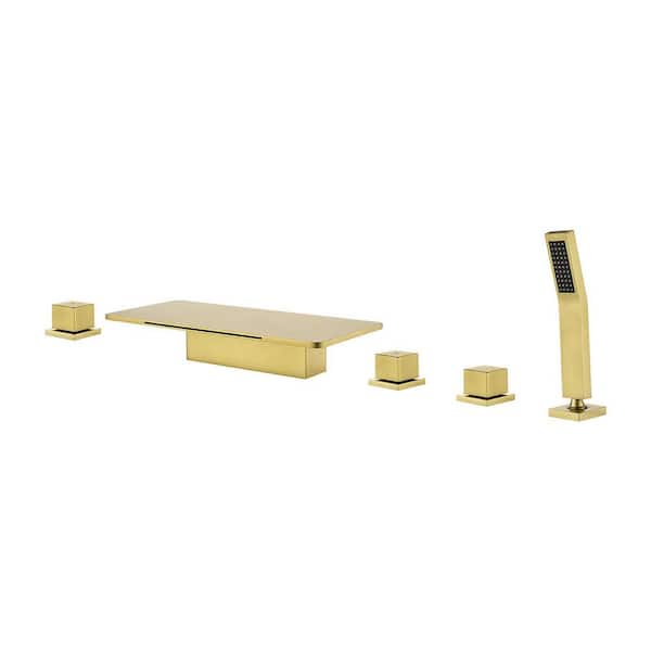 cobbe Single-Handle Tub Deck Mount Roman Tub Faucet with Hand Shower and Water Suply Hose in Brushed Gold