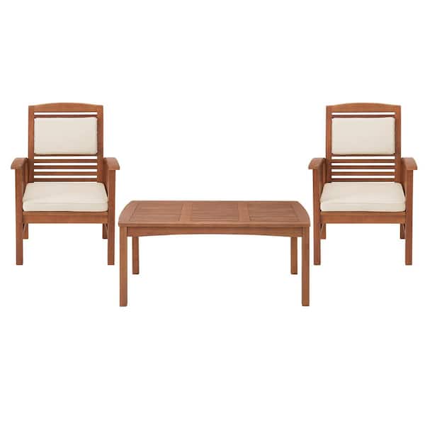 Alaterre Furniture Lyndon 3-Piece Eucalyptus Wood Patio Conversation Set with 2 Chairs with Gray Cushions and Cocktail Table