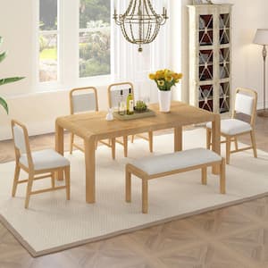 6-Piece Natural Wood Top Extendable Dining Set Seats-6 with a 12 in. Removable Leaf, 4-Beige Gray Linen Chairs, 1-Bench