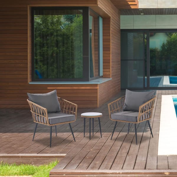 Tunearary 3-Piece Wicker Outdoor Patio Conversation Set with Gray Cushions