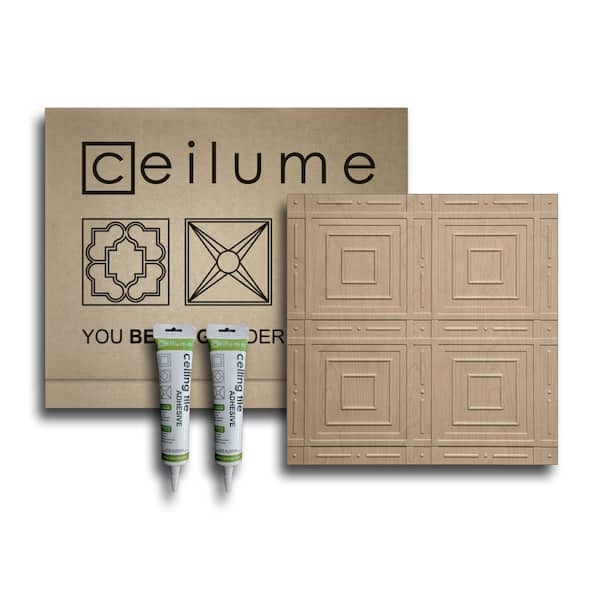 Ceilume Nantucket 2 ft. x 2 ft. Glue Up Vinyl Ceiling Tile and Backsplash Kit in Faux Wood-Sandal (21 sq. ft./case)