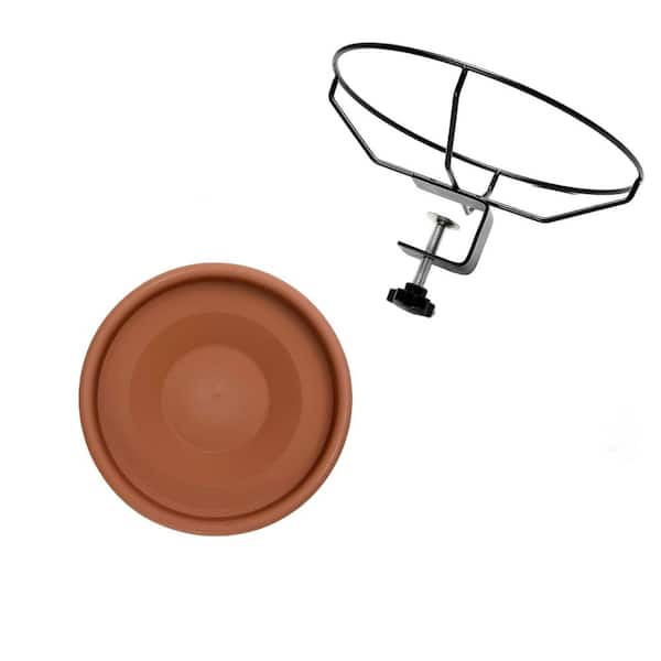 12 in. Brown Bird Bath Deck Mounted Bowl, Balcony Railing Birdbaths Unheated, Bird Bath Fence Clamp Detachable