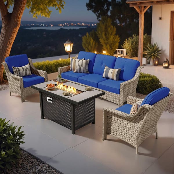 EternalOasis 4 Pieces Wicker Outdoor Patio Rectangular Fire Pit Set with Navy Blue Cushions