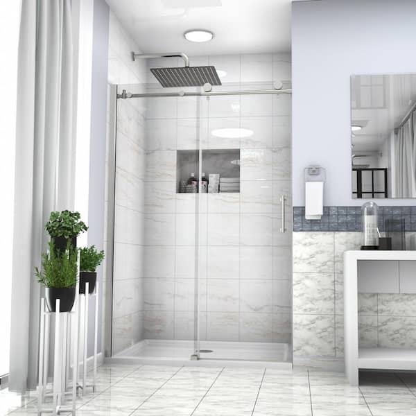 ANGELES HOME 48 in. W x 76 in. H Sliding Semi-Frameless Bypass Shower Door in Chrome with 3/8, 8 mm Tempered Glass, SS304 Hardware