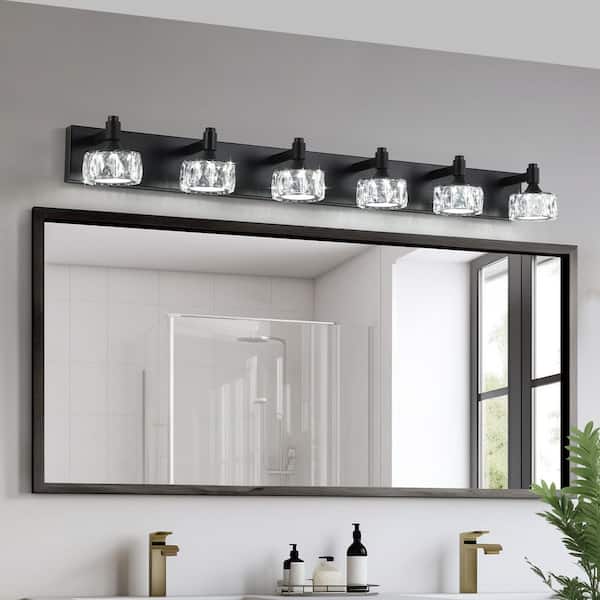 44 in. 6-Light Matte Black Modern LED Vanity Light with Crystal Glass Shade for Bedroom