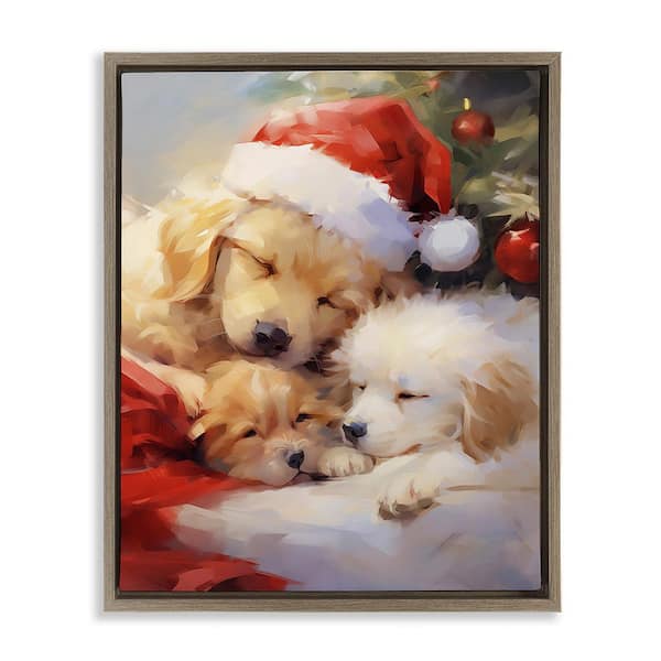 Stupell Industries Christmas Puppies Tree by Enrico McGarrigle 1 Piece Floater Frame Graphic Print Animal Poster Art Print 31 in. x 25 in.