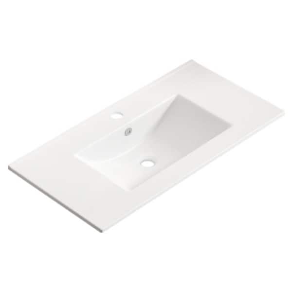 HE 35.83 in. X 18.31 in Undermount Rectangular Bathroom Sink in Glossy White Ceramic, Integrated basin and countertop