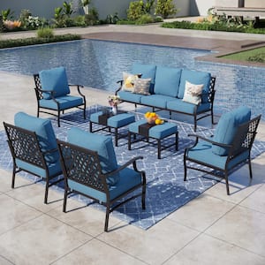 Black Meshed 9-Seat 7-Piece Metal Outdoor Patio Conversation Set with Denim Blue Cushions and 2 Ottomans