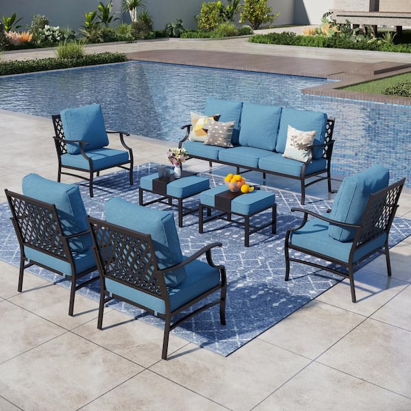PHI VILLA Black Meshed 9-Seat 7-Piece Metal Outdoor Patio Conversation Set with Denim Blue Cushions and 2 Ottomans