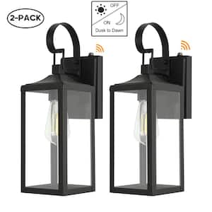 Castle 1-Light 16in. Dusk to Dawn Outdoor Wall Light with Matte Black Finish and Clear glass shade(2-pack)