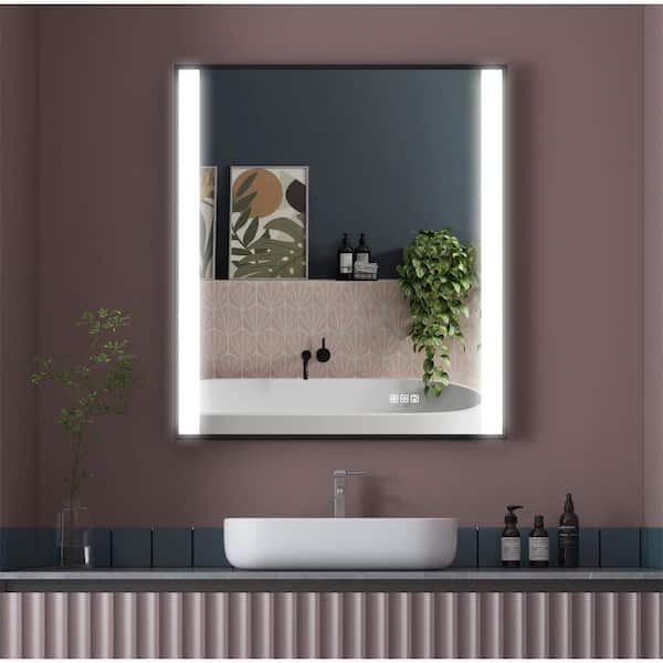 ANGELES HOME 32 in. x 36 in. Rectangular Aluminum Framed Wall Super Bright LED Lighted Anti-Fog Bathroom Vanity Mirror in Black