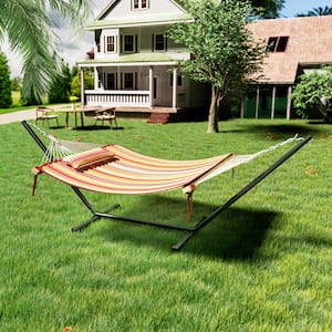 12 ft. Quilted 2-Person Hammock Bed with Stand and Detachable Pillow, Red Stripes