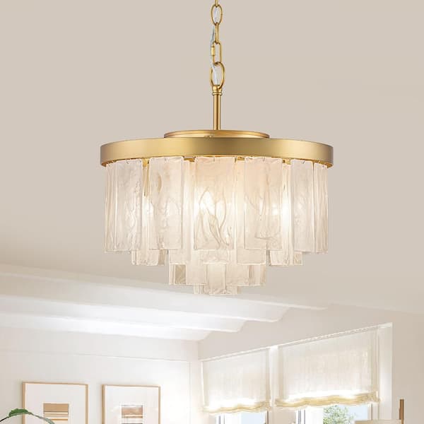 Hielo 5-Light 15.7 in. W Brushed Brass Tiered Ice Glass Pendant Light for Dining Room and Living Room