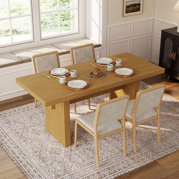 Minimalist Wood 70 in. Dining Table with Oak Finish Rubberwood Veneer, Trestle Base, Vertical Striped Legs, Seats 6