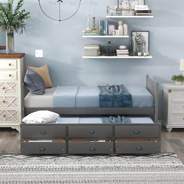Urtr Gray Twin Size Daybed With Trundle, Twin Daybed With Trundle And Storage Drawers