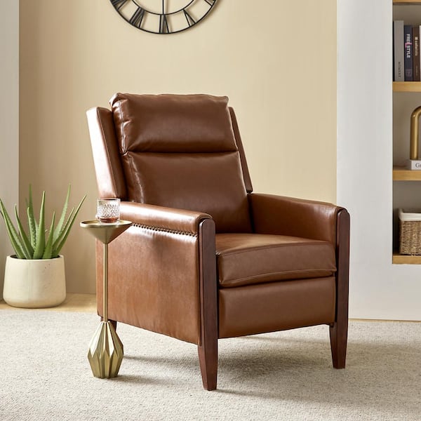 JAYDEN CREATION Manuel Camel Leather Push Back Manual Recliner with Solid Wood Legs