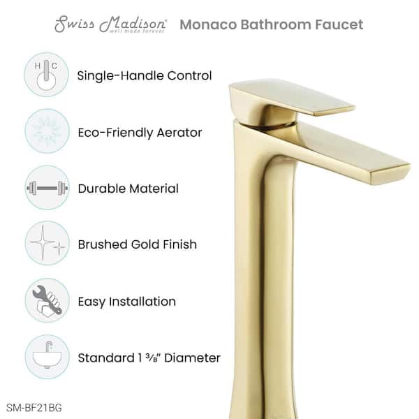 Monaco Single-Handle High-Arc Single-Hole Bathroom Faucet in Brushed Gold