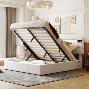 Beige Wood Frame Queen Size Upholstered Platform Bed with LED light, Bluetooth Player. USB Ports, Hydraulic Storage