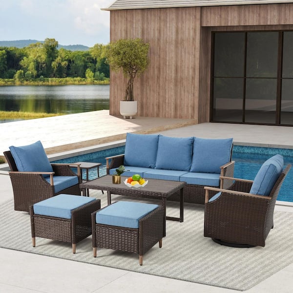 7-Piece Wicker Outdoor Furniture Swivel Chairs Set, Patio Conversation Set with Blue Cushions, Ottoman & Coffee Table