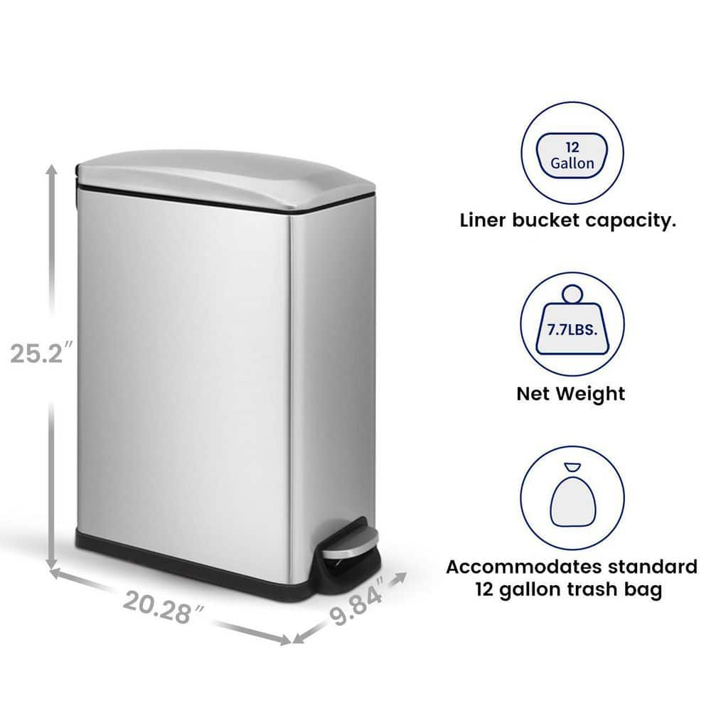 Slim Brushed Stainless Steel Step-On Trash Can 12.9 Gallons