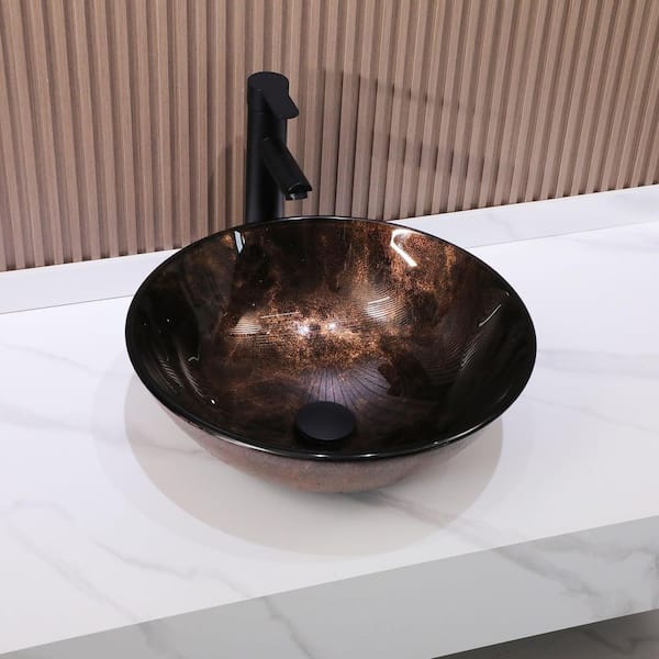 16-1/2 in. Bronze Glass Round Vessel Bathroom Sink with Black Faucet
