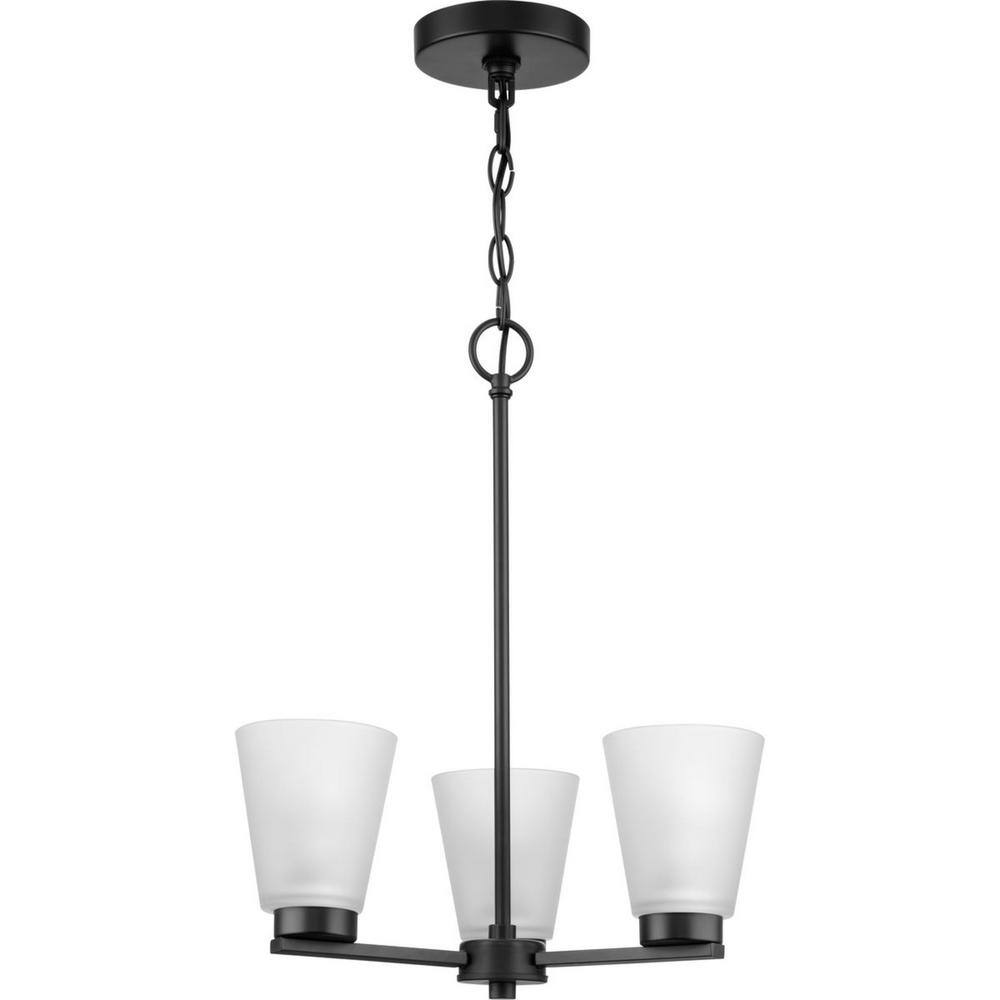 Matte Black Steel 3-Light Chandelier with Etched Glass Shades