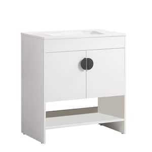 30 in. W x 18 in. D x 32 in. H Freestanding Bath Vanity in White with White Ceramic Top and Black Zinc Alloy Handles