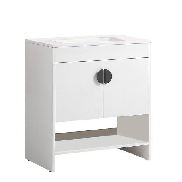 ANGELES HOME 30 in. W x 18 in. D x 32 in. H Freestanding Bath Vanity in White with White Ceramic Top and Black Zinc Alloy Handles