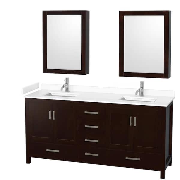 Wyndham Collection Sheffield 72 in. W x 22 in. D x 35 in. H Double Bath Vanity in Espresso with White Cultured Marble Top and MC Mirrors
