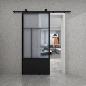 Division 37 in. x 84 in. 3/4 Lite Frosted Glass Black Metal Finish Sliding Barn Door with Hardware Kit