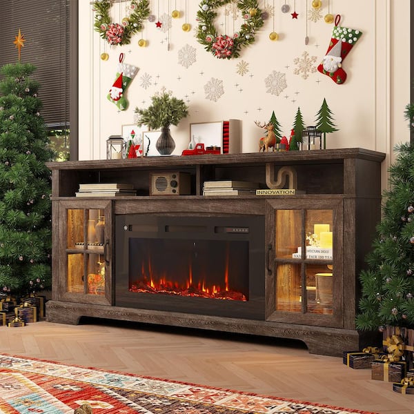70 in. Freestanding Floor Wooden Surround Electric Fireplace TV Stand 36 in. Walnut Gray