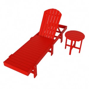 Altura 18 in. 2-Piece Red Outdoor Classic Adjustable Adirondack Backrest Chaise Lounge with Round Side Table Set