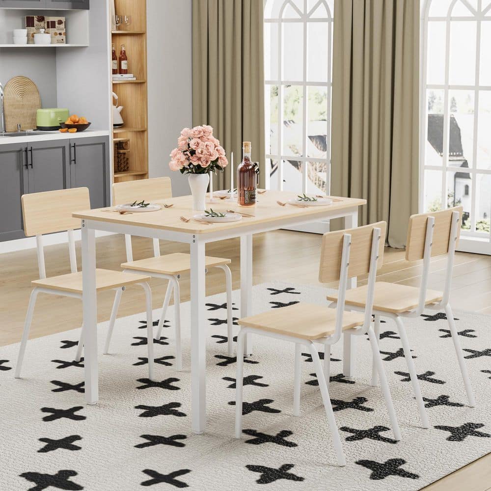 Modern 5-Piece Space-Saving Dining Set for 4,43″ White Oak MDF Table