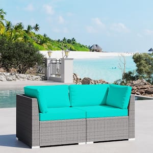 2-Piece Wicker Outdoor Patio Furniture Sectional Conversation Set with Turquoise Blue Cushion