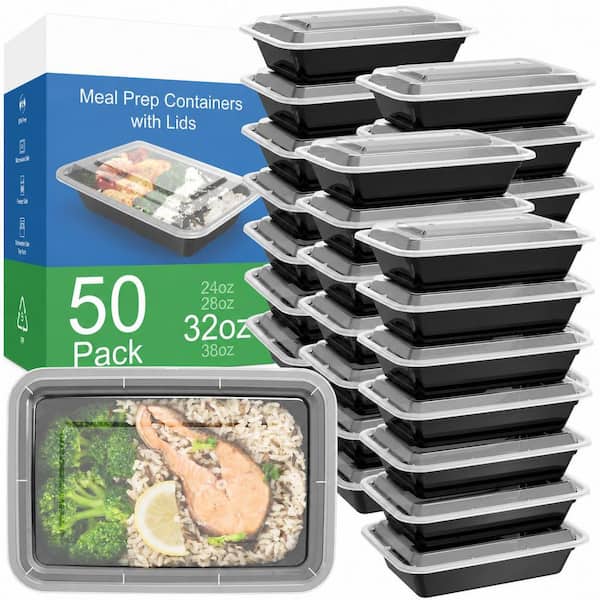 Black Reusable Meal Prep Containers with Lids Set of 50-Pack 32 oz. Leakproof Microwave Freezer Safe Plastic