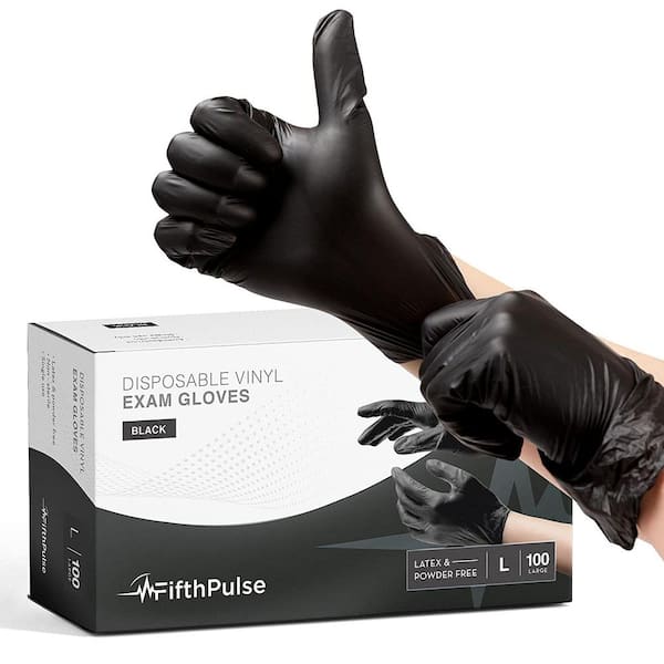 Large - Vinyl Gloves, Powder Free - Medical Examination Disposable Gloves -  Black - 100 Count