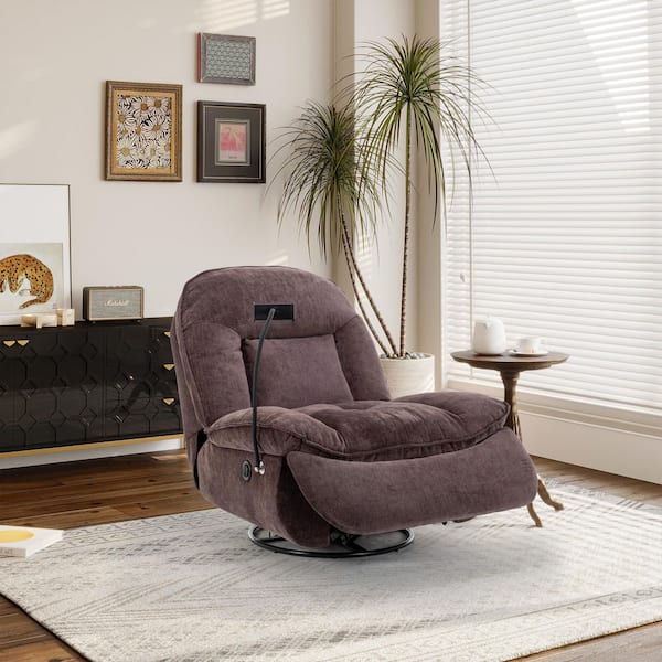 Brown Power Recliner Chair with 360° Swivel Base Chenille Fabric Adjustable Phone Holder Oversized Seat