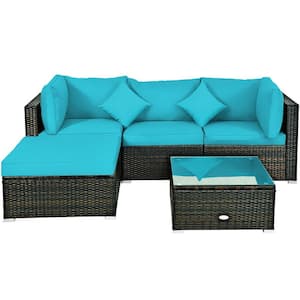 5-Piece PE Wicker Outdoor Patio Conversation Sectional Sofa Set with Turquoise Cushions and Ottoman