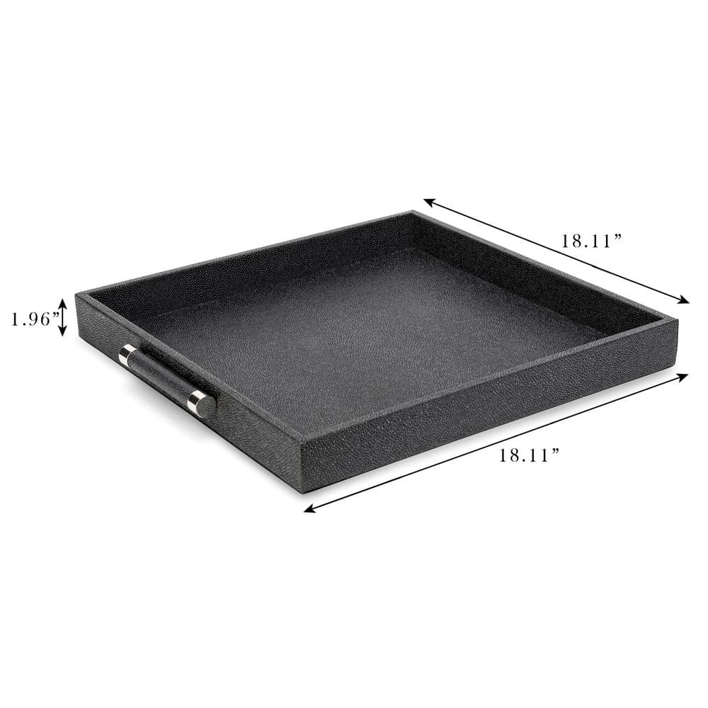 Black Shagreen Square Decorative Serving Tray with Silver Handles