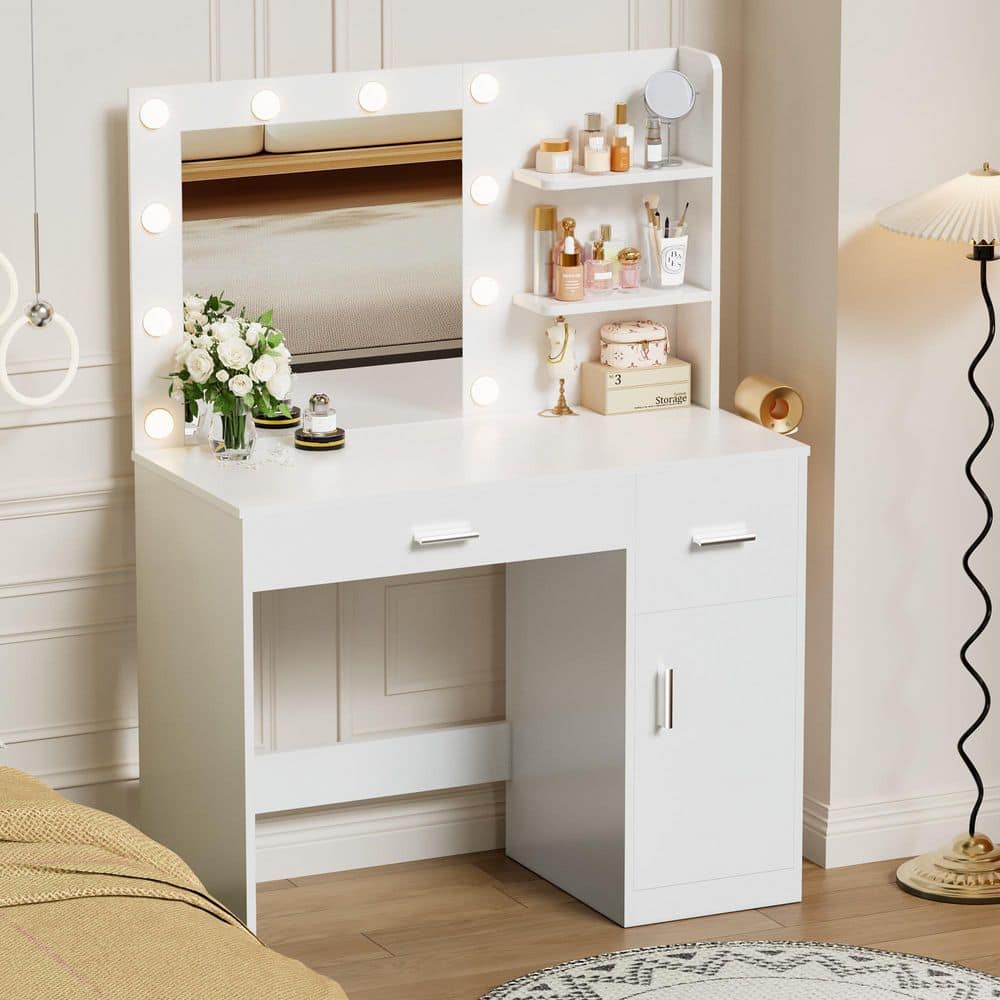 Vanity Desk with Lighted Mirror & Power Outlet, Makeup Vanity with Drawer & Cabinet White - thumbnail 2