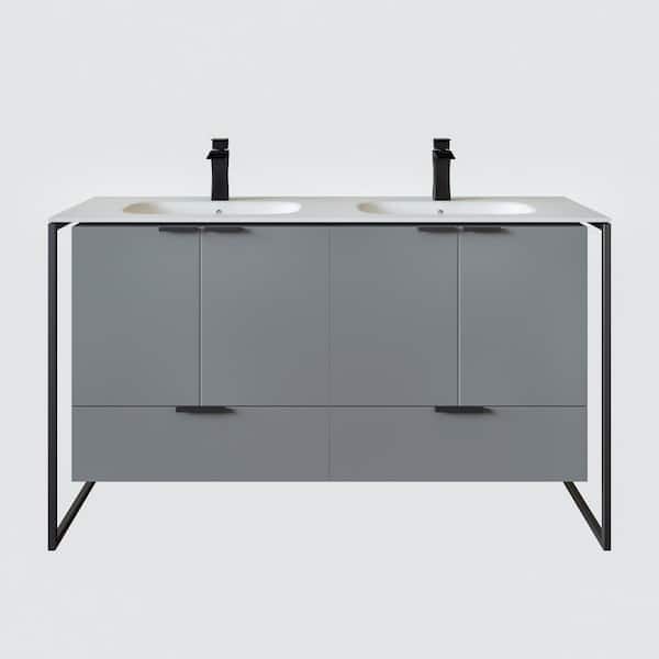 Onyx 48 in. Double Sink Floating Gray Bath Vanity with White Solid Surface Top (Assembled)