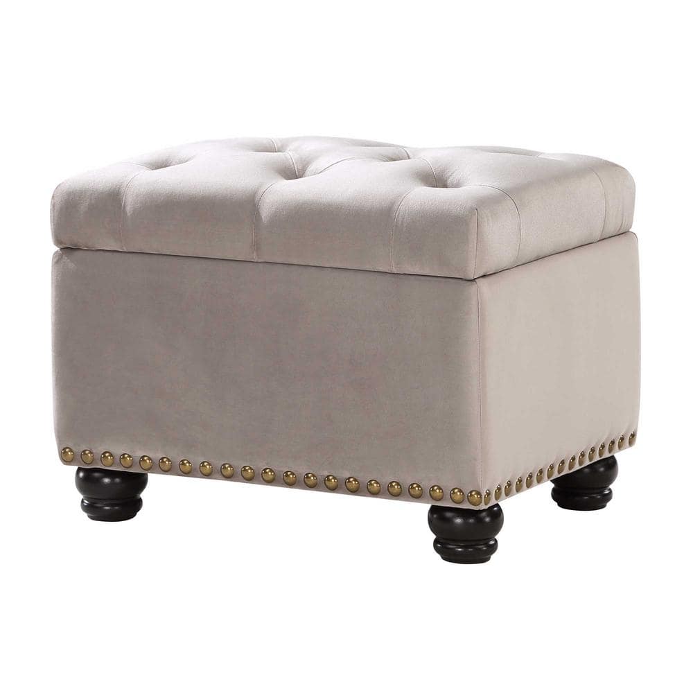 Elegant Taupe Velvet Tufted Storage Ottoman with Antique Nailhead Trim