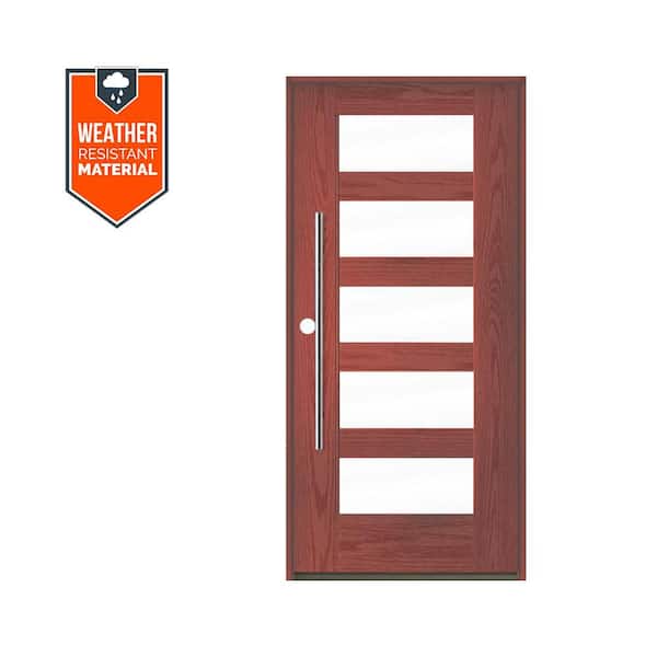 Modern Faux Pivot 36 in. x 79 in. 5 Lite Right-Hand/Inswing Clear Glass Redwood Stain Fiberglass Prehung Front Door